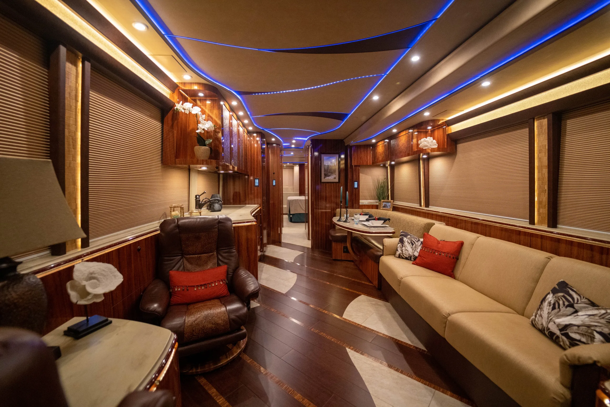 Interior salon of 2021 Marathon Coach 1317 with integrated Marathon systems