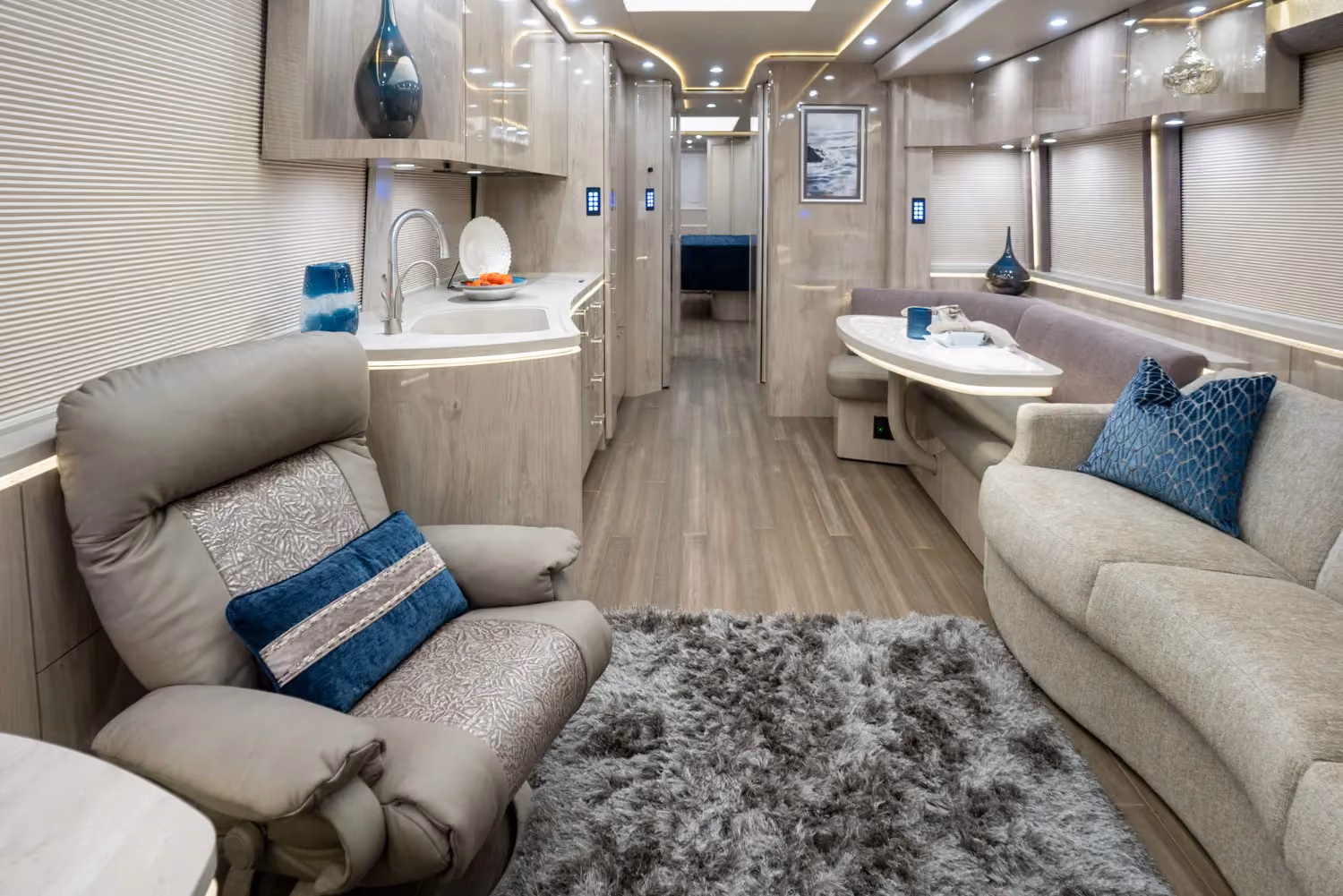 Interior salon of 2021 Marathon Coach 1330 with integrated Marathon systems