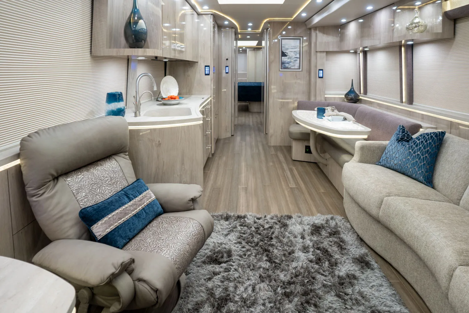 Interior salon of 2021 Marathon Coach 1330 with integrated Marathon systems