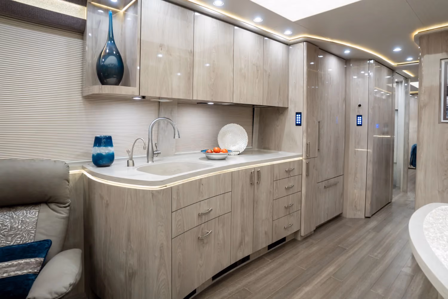 Interior galley countertop and cabinetry in Marathon Coach 1330