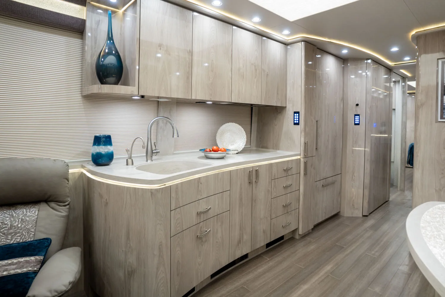 Interior galley countertop and cabinetry in Marathon Coach 1330