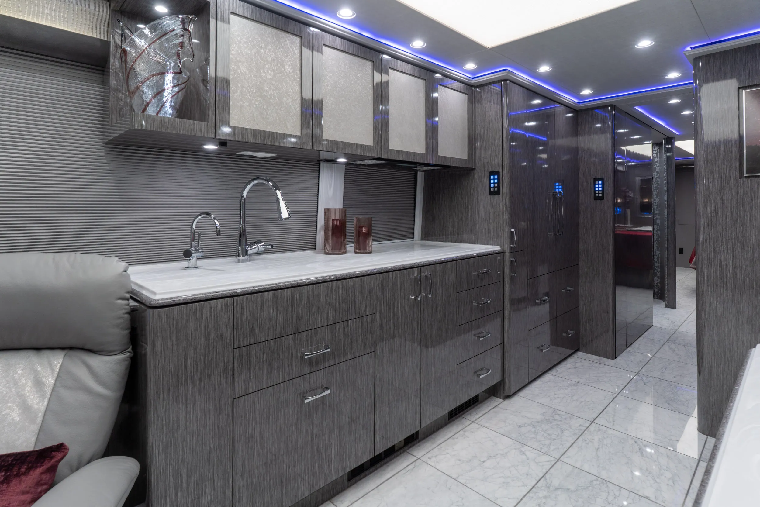 Interior galley countertop and cabinetry in Marathon Coach 1328