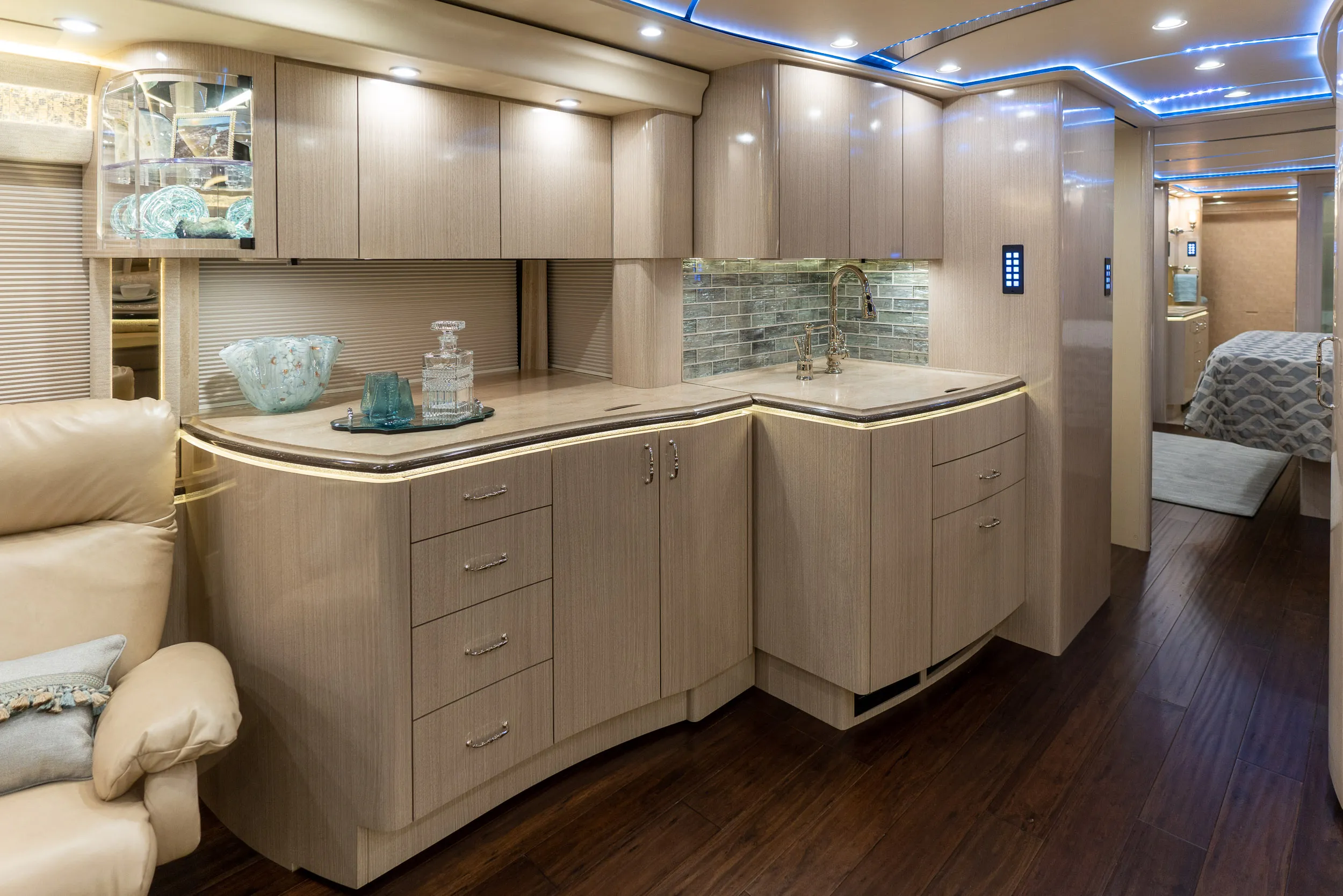 Interior galley kitchen of Marathon Coach 1332