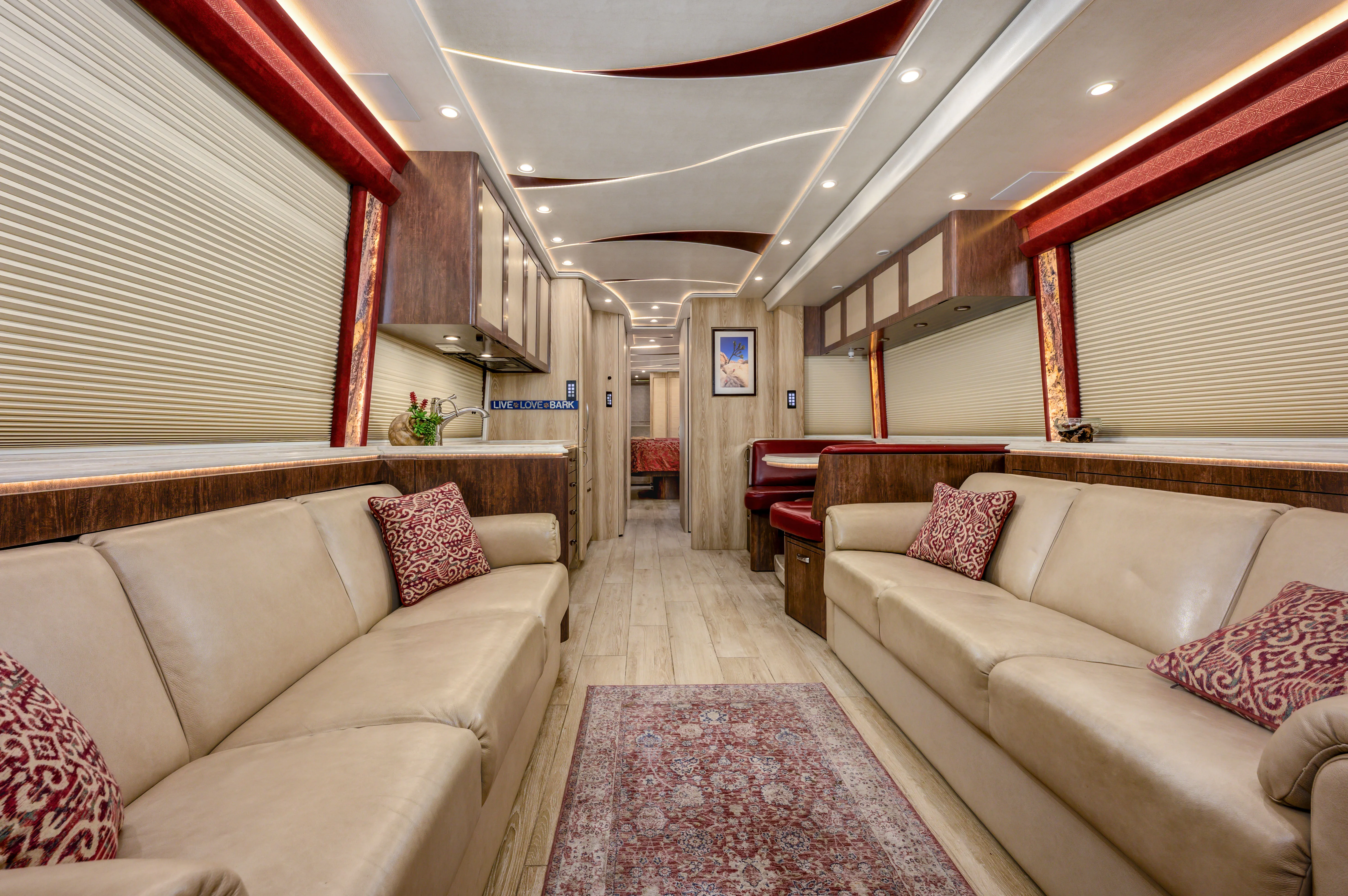 Interior salon of 2021 Marathon Coach 1334 with underfloor heating throughout
