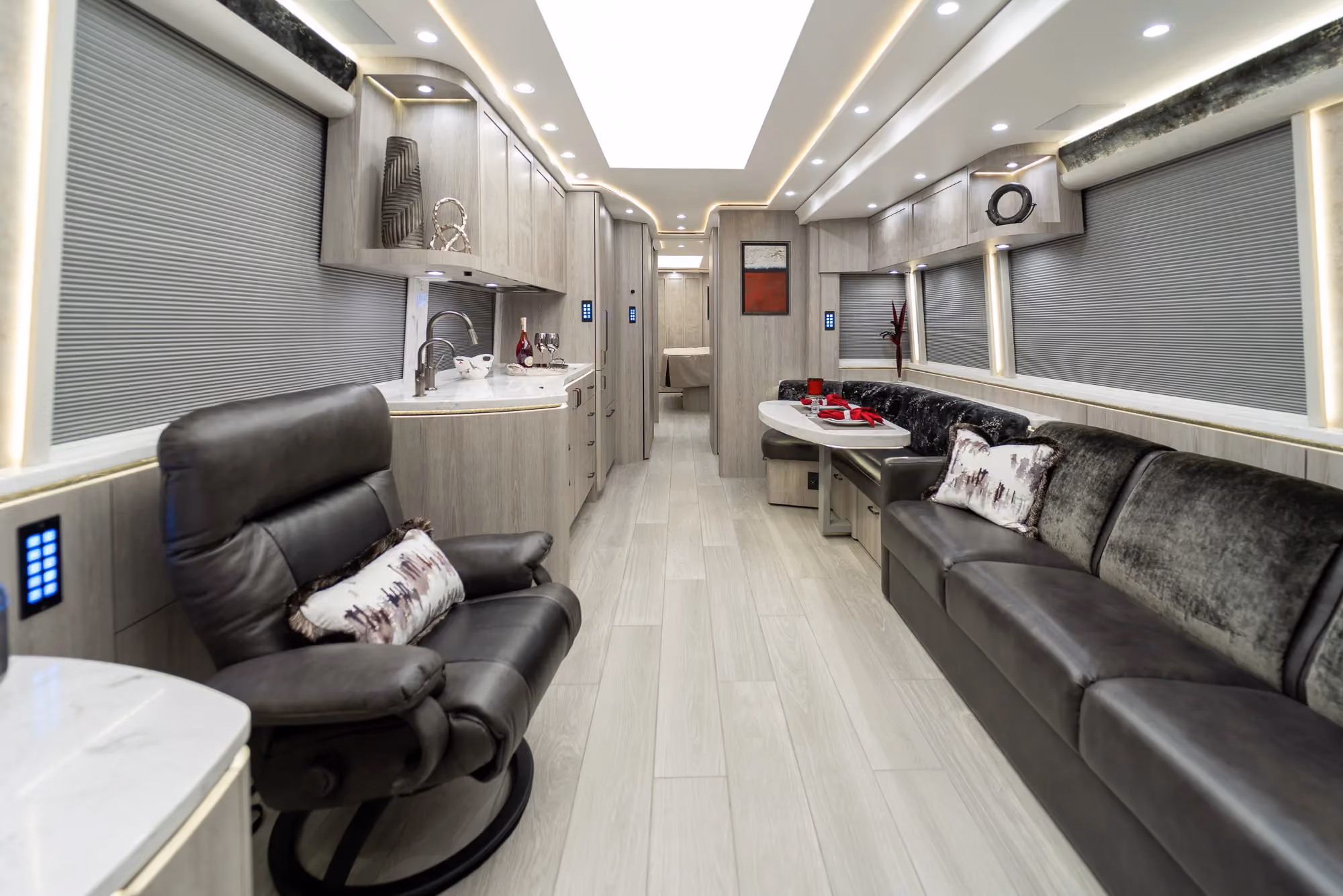 Interior salon of 2022 Marathon Coach 1346 with Crestron audio and video system