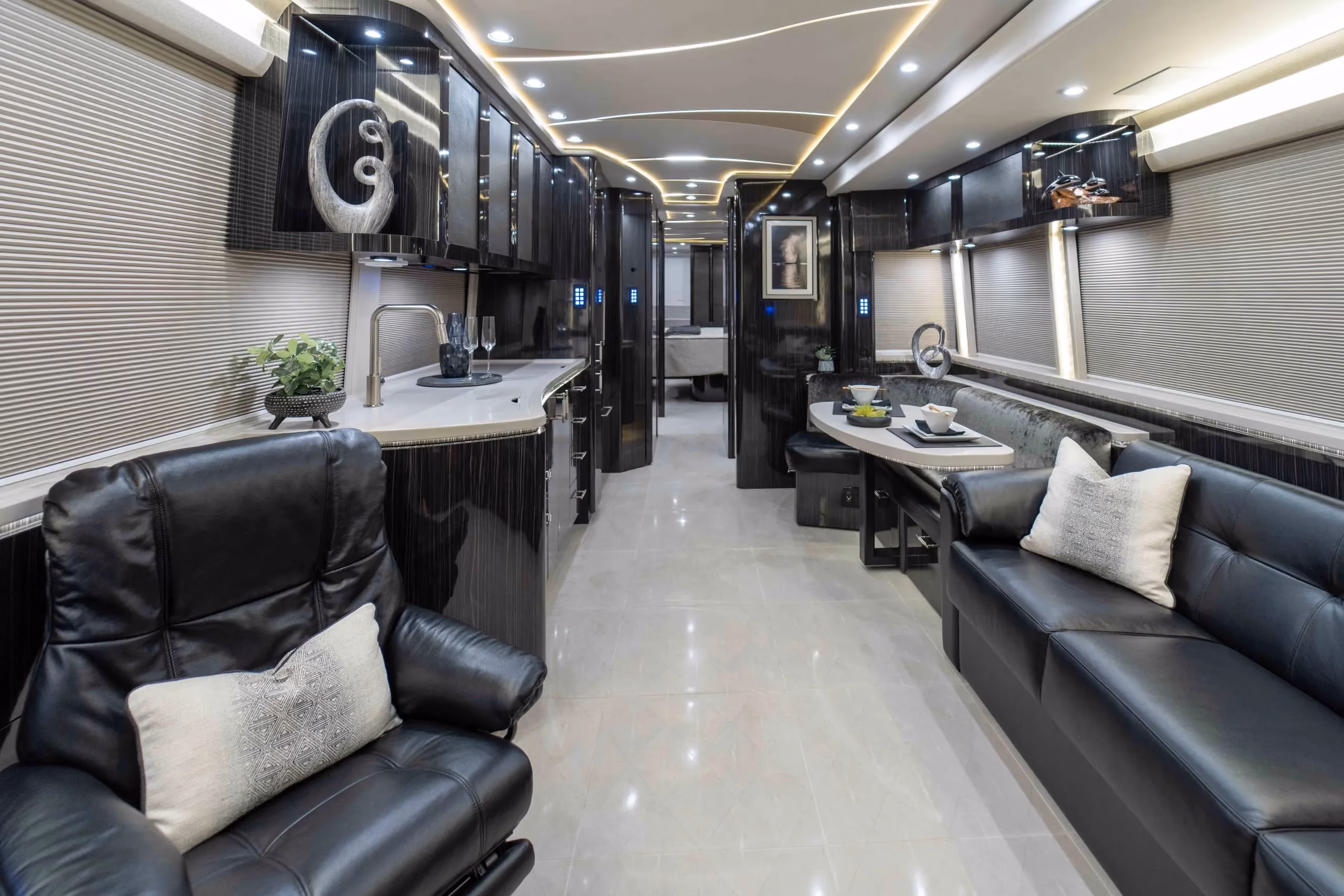 Interior salon of 2023 Marathon Coach 1349 with Crestron audio and video surround sound