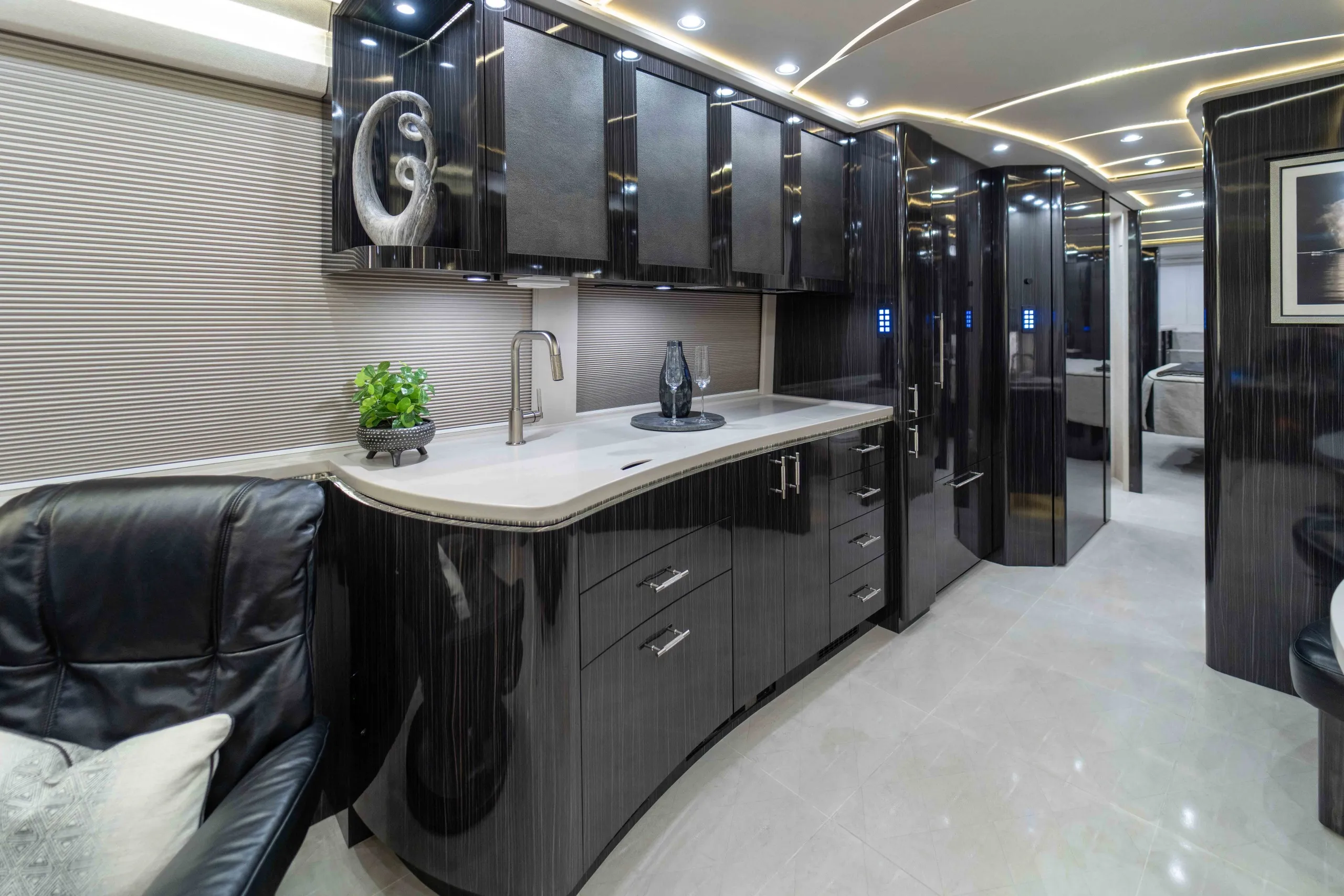 Interior galley countertop and cabinetry in Marathon Coach 1349