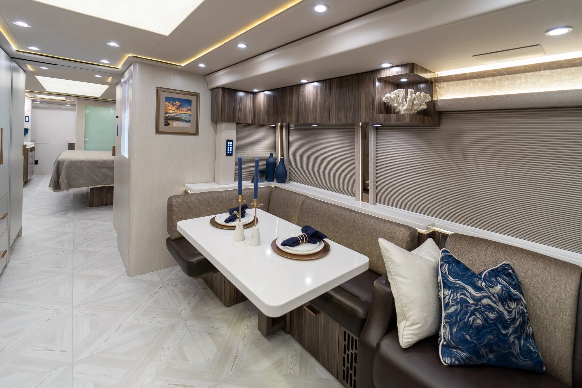 Interior galley countertop and cabinetry in Marathon Coach 1348