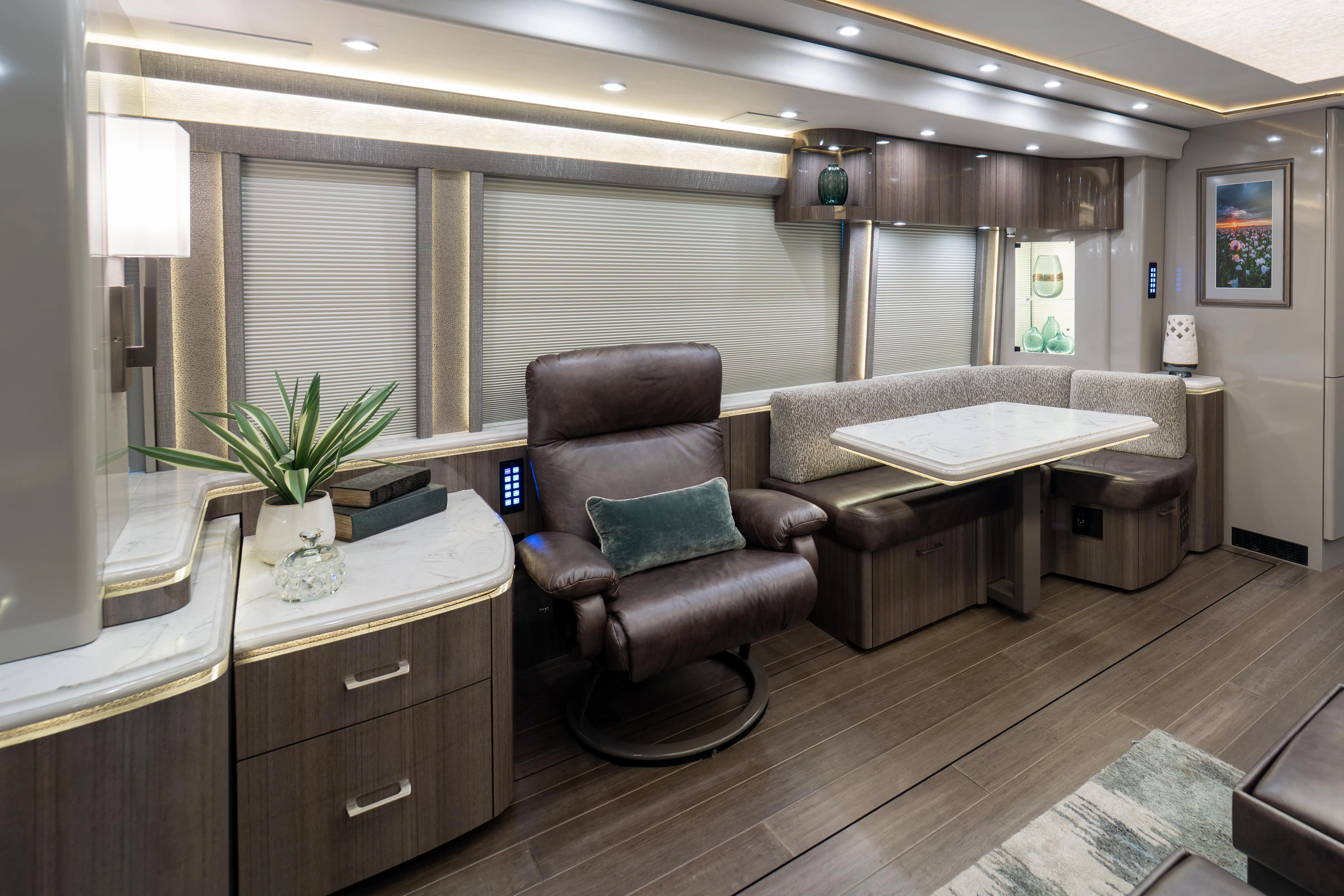 Interior living area of Marathon Coach 1341 with open quad-slide floor plan
