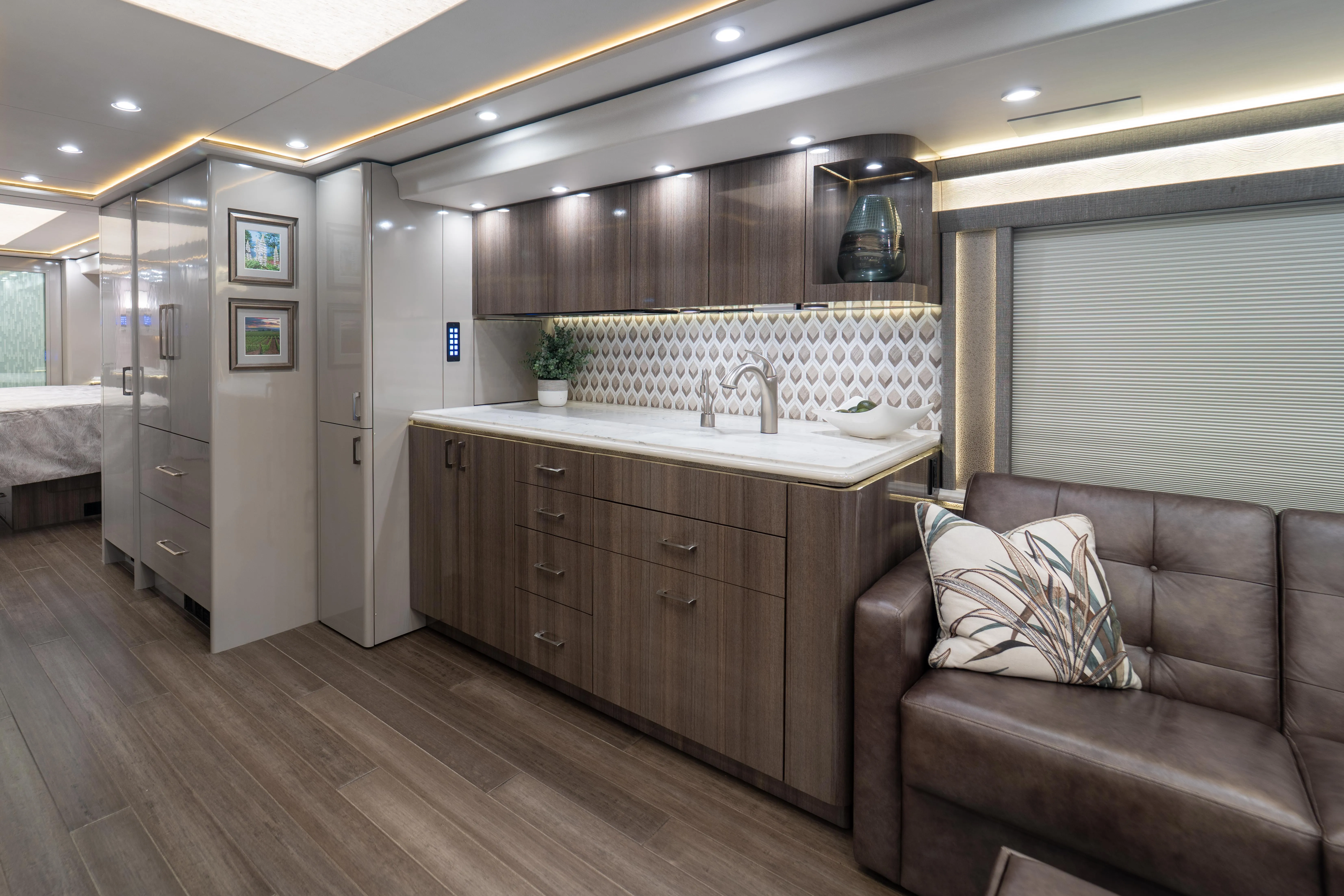 Interior galley countertop and cabinetry in Marathon Coach 1341