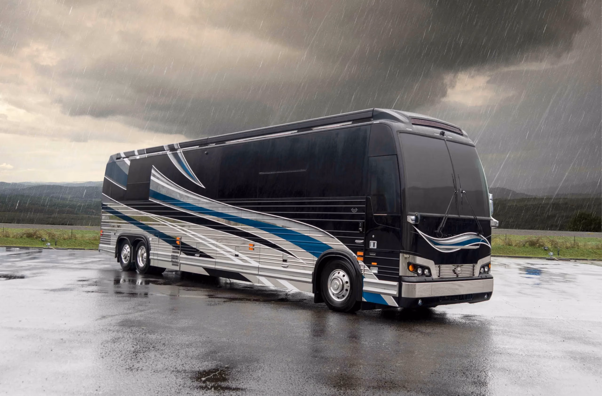 Exterior glamour shot of 2023 Marathon Coach 1349 on Prevost X3-45 chassis with double-slide layout