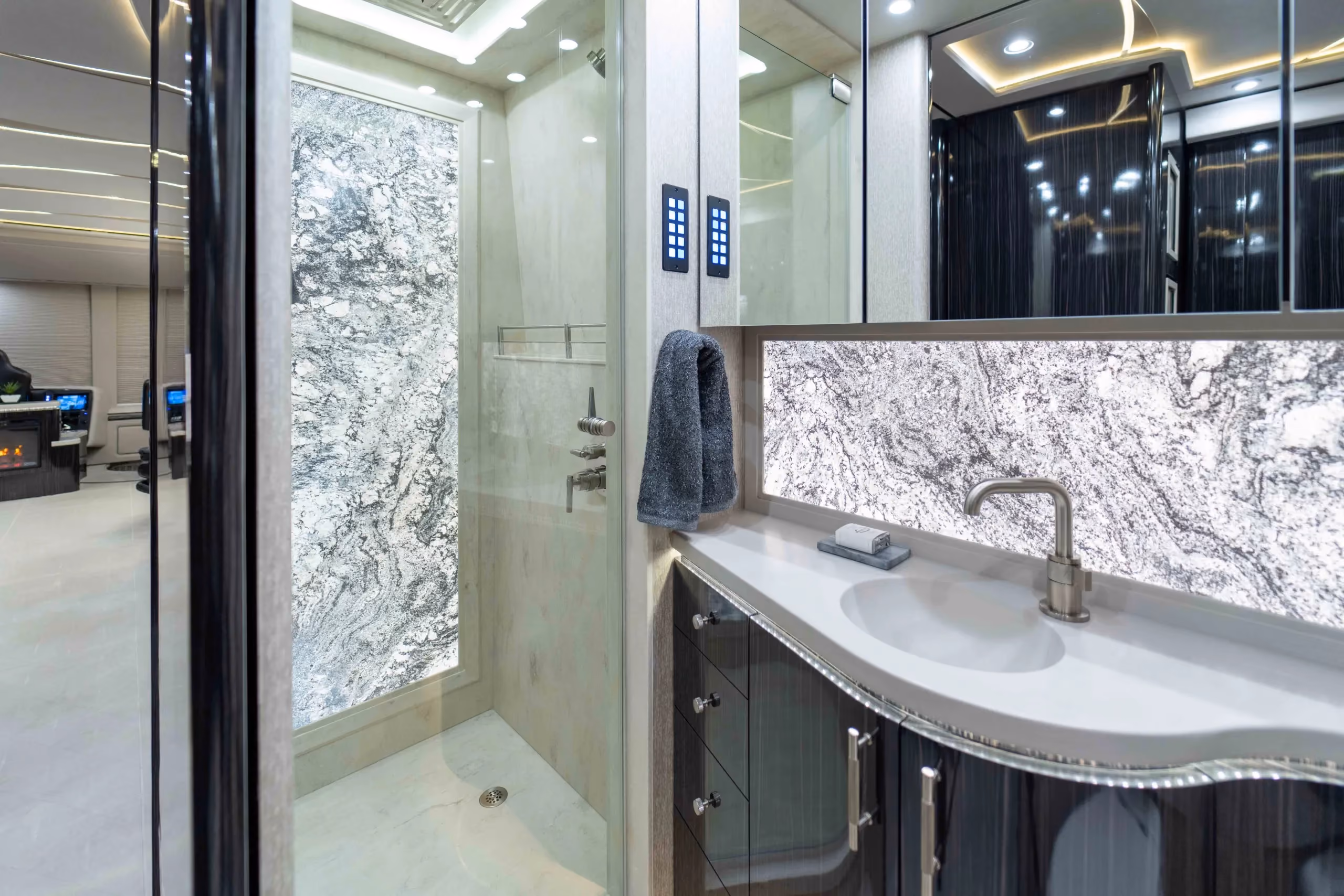 Interior bathroom area of Marathon Coach 1349