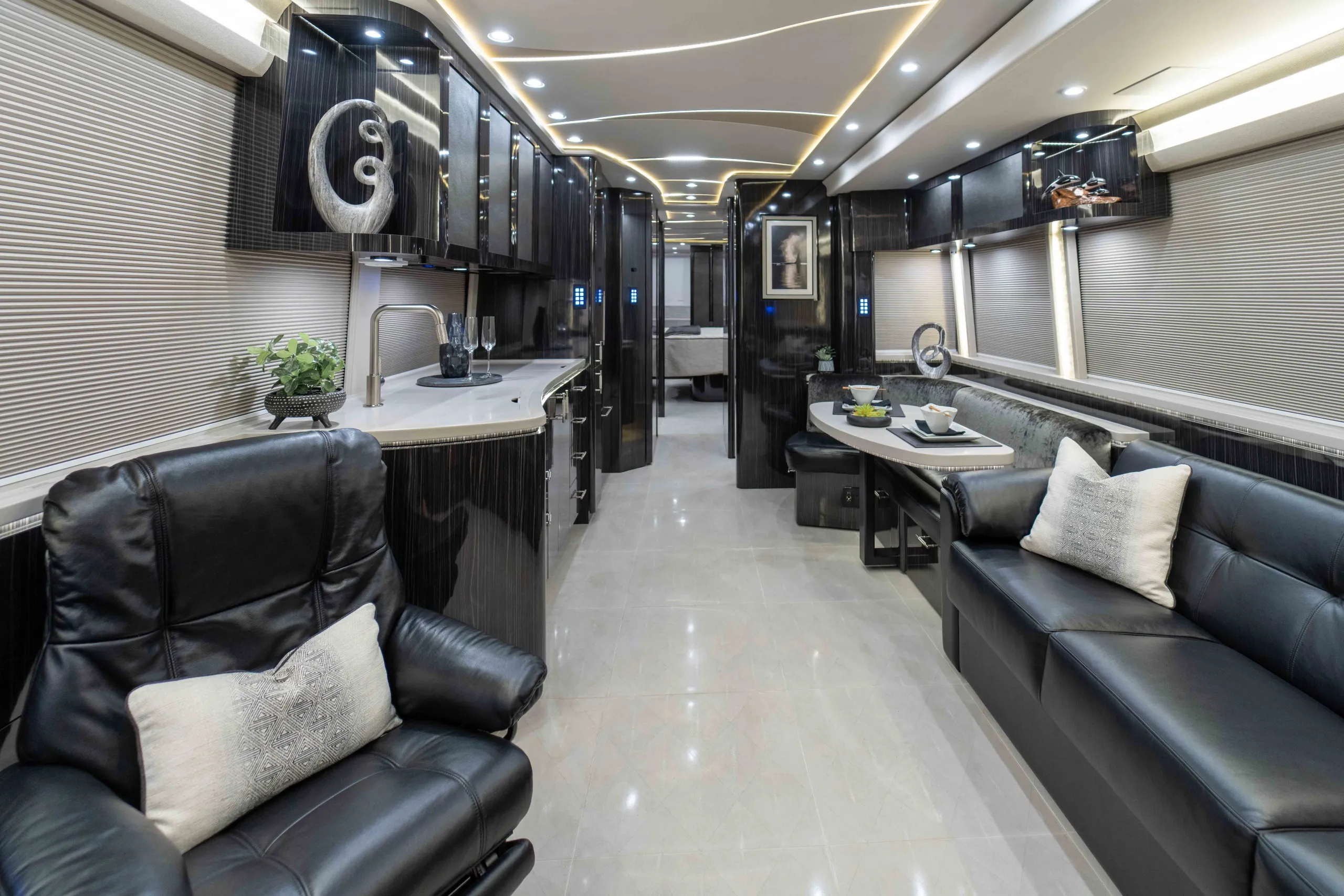 Interior salon of 2023 Marathon Coach 1349 with Crestron surround sound system
