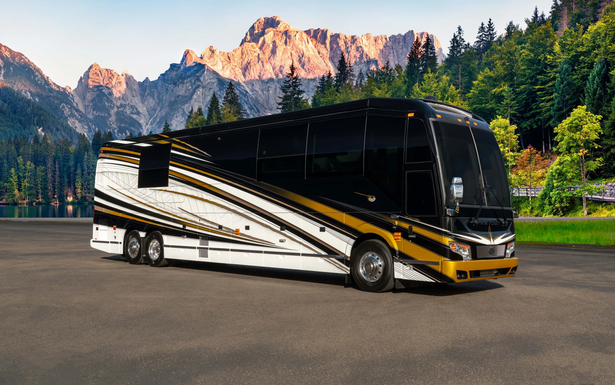 Exterior glamour shot of 2022 Marathon Coach 1348 on Prevost H3-45 chassis with triple-slide layout