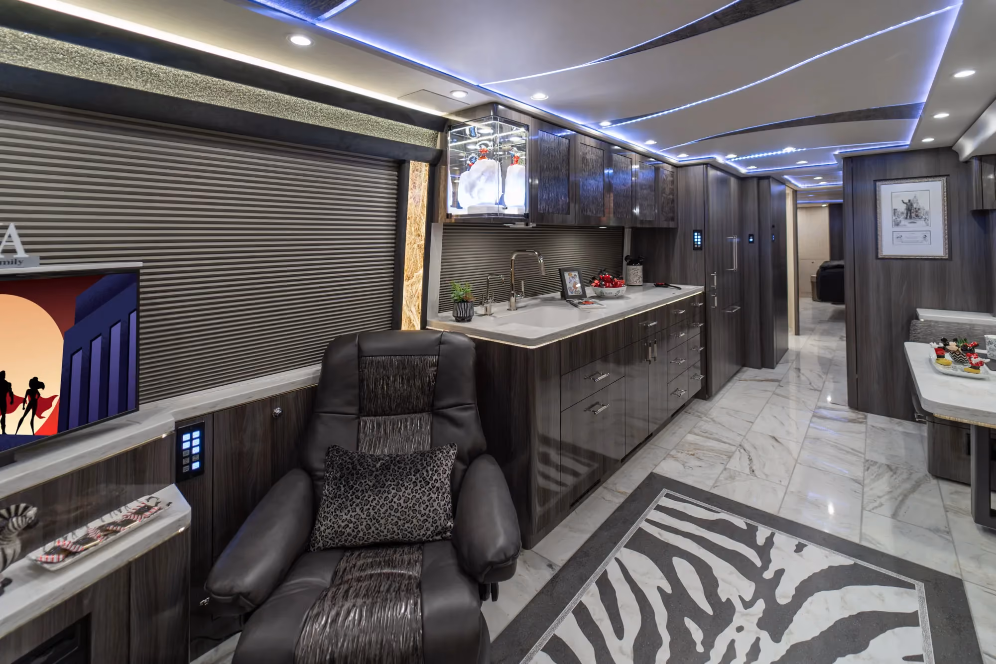 Interior bedroom of Marathon Coach 1351 with 50-inch LED TV