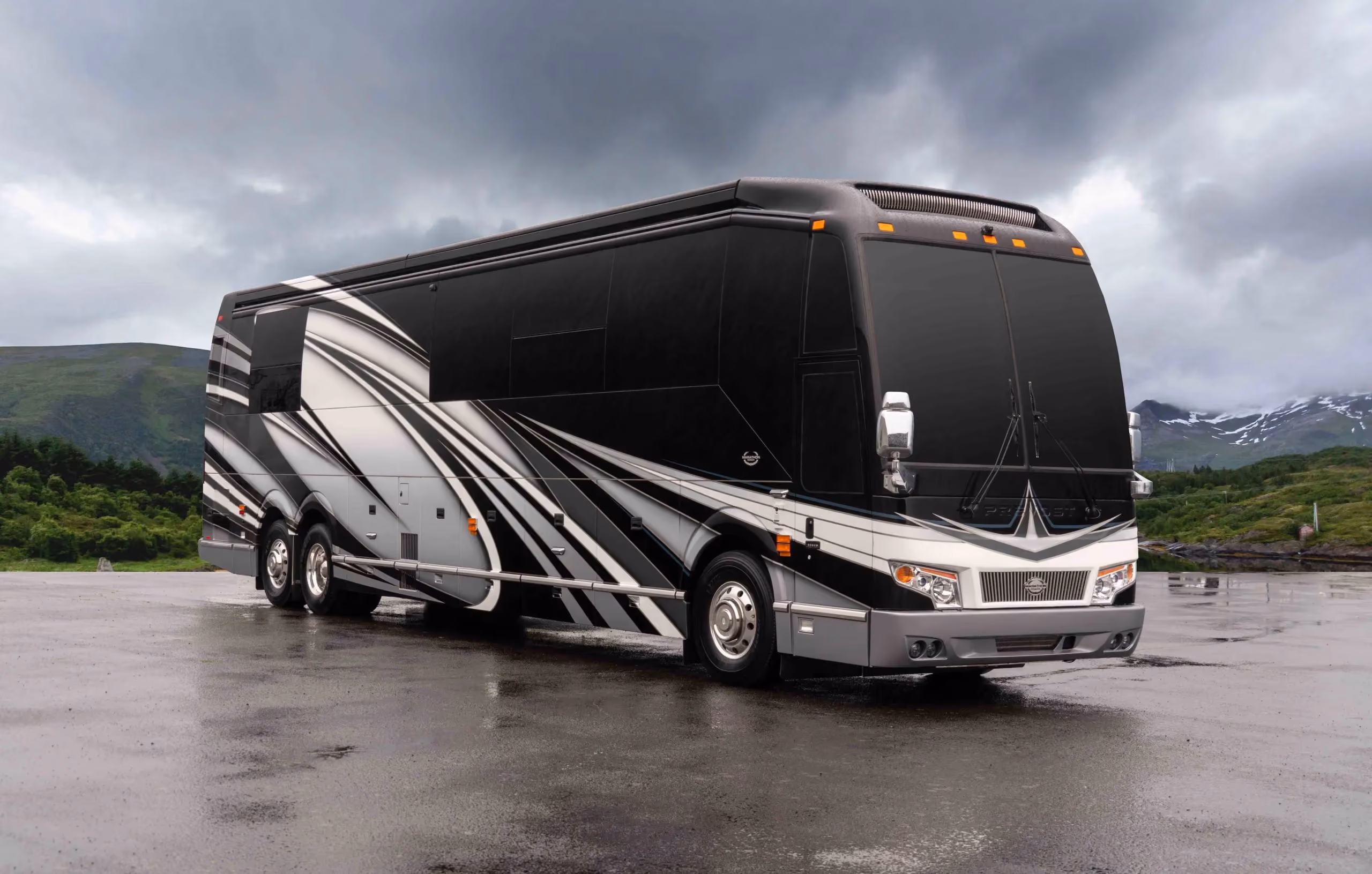 Exterior glamour shot of 2022 Marathon Coach 1352 on Prevost H3-45 chassis with double-slide layout