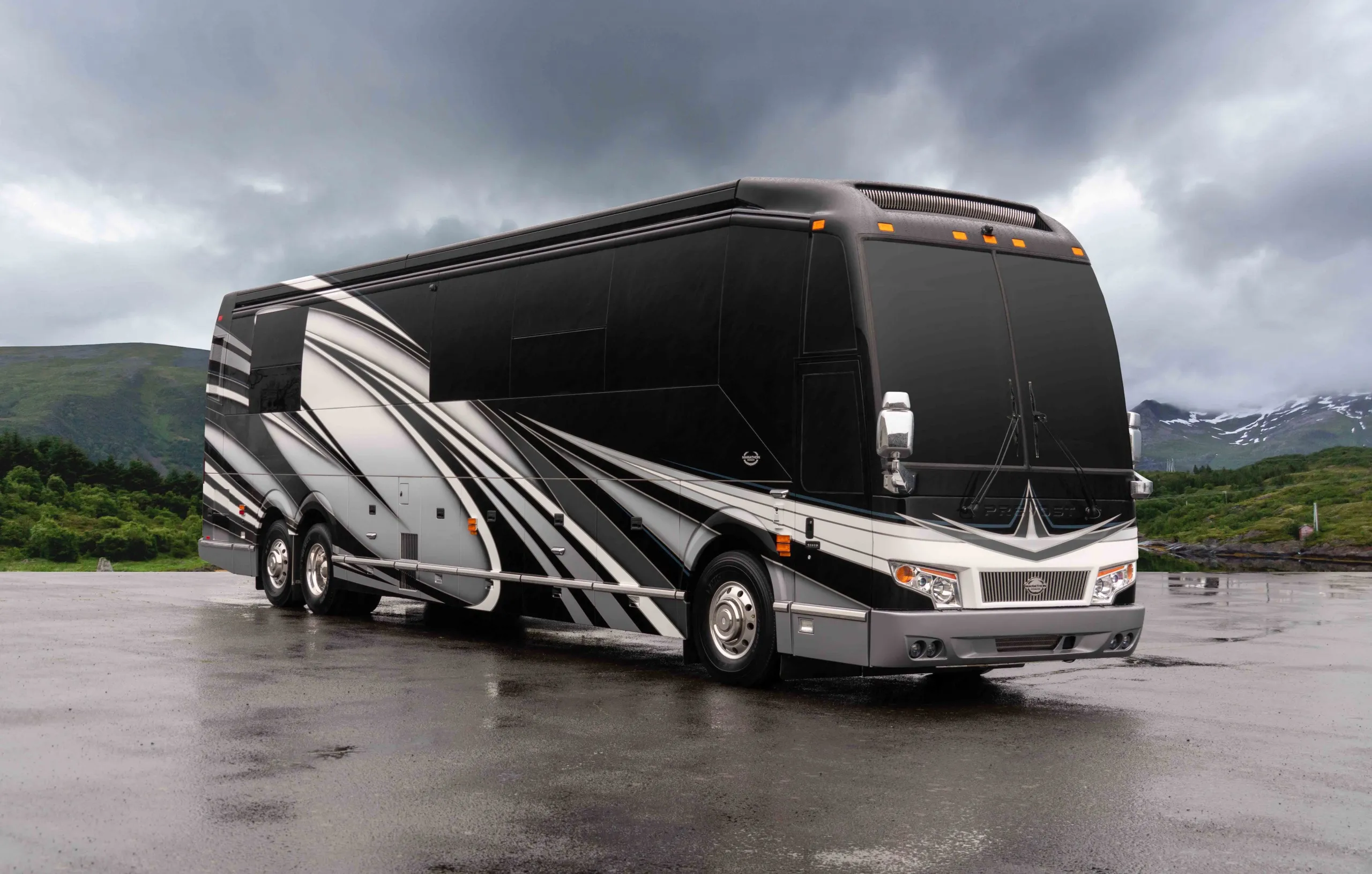 Exterior glamour shot of 2022 Marathon Coach 1352 on Prevost H3-45 chassis with double-slide layout