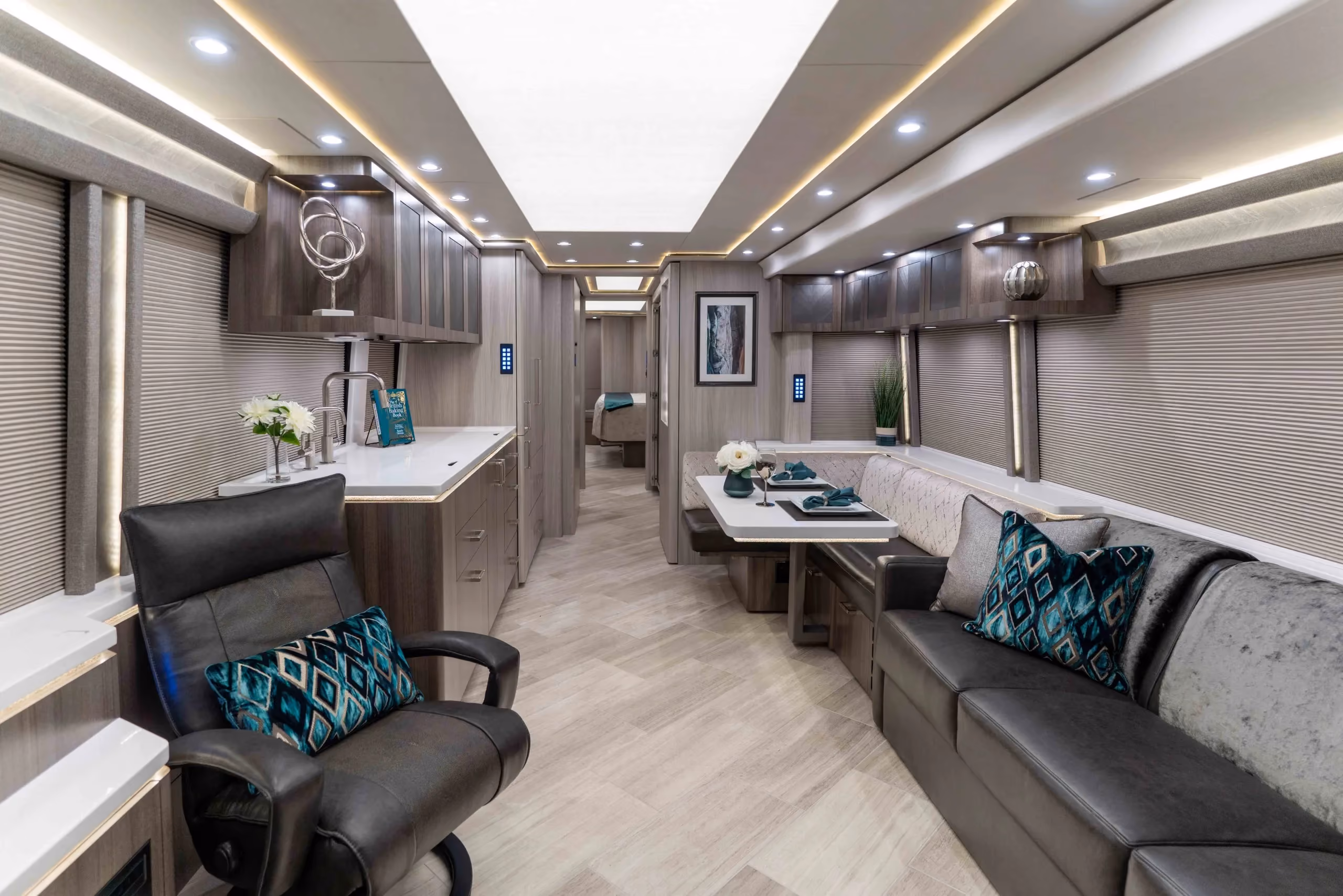 Interior salon of 2022 Marathon Coach 1352 with Crestron surround sound