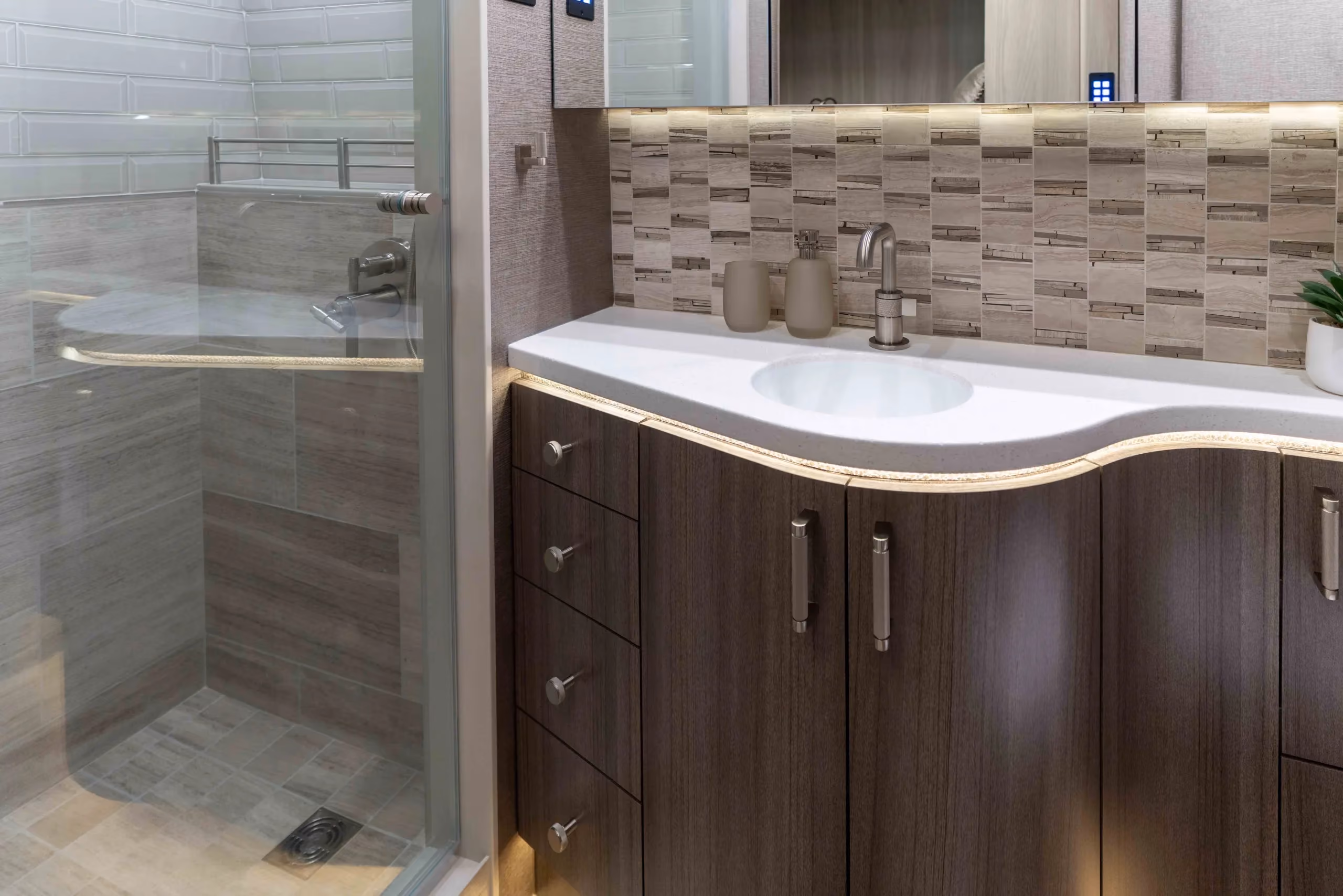 Interior rear master bathroom of Marathon Coach 1352