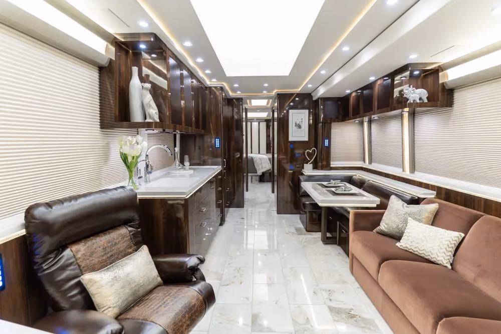 Interior salon of 2022 Marathon Coach 1353 with Crestron surround sound