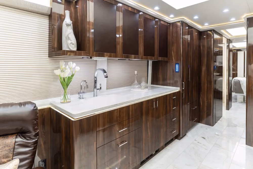 Interior galley kitchen of Marathon Coach 1353