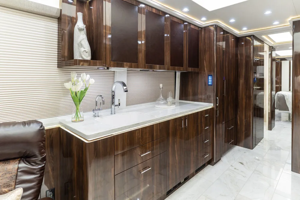 Interior galley kitchen of Marathon Coach 1353