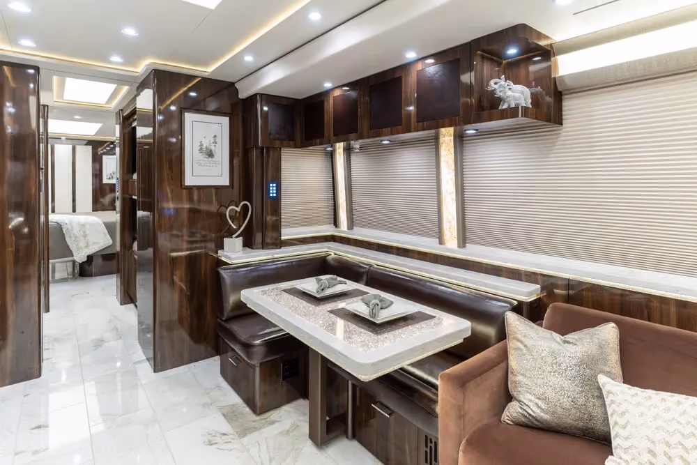 Interior galley countertop and cabinetry in Marathon Coach 1353