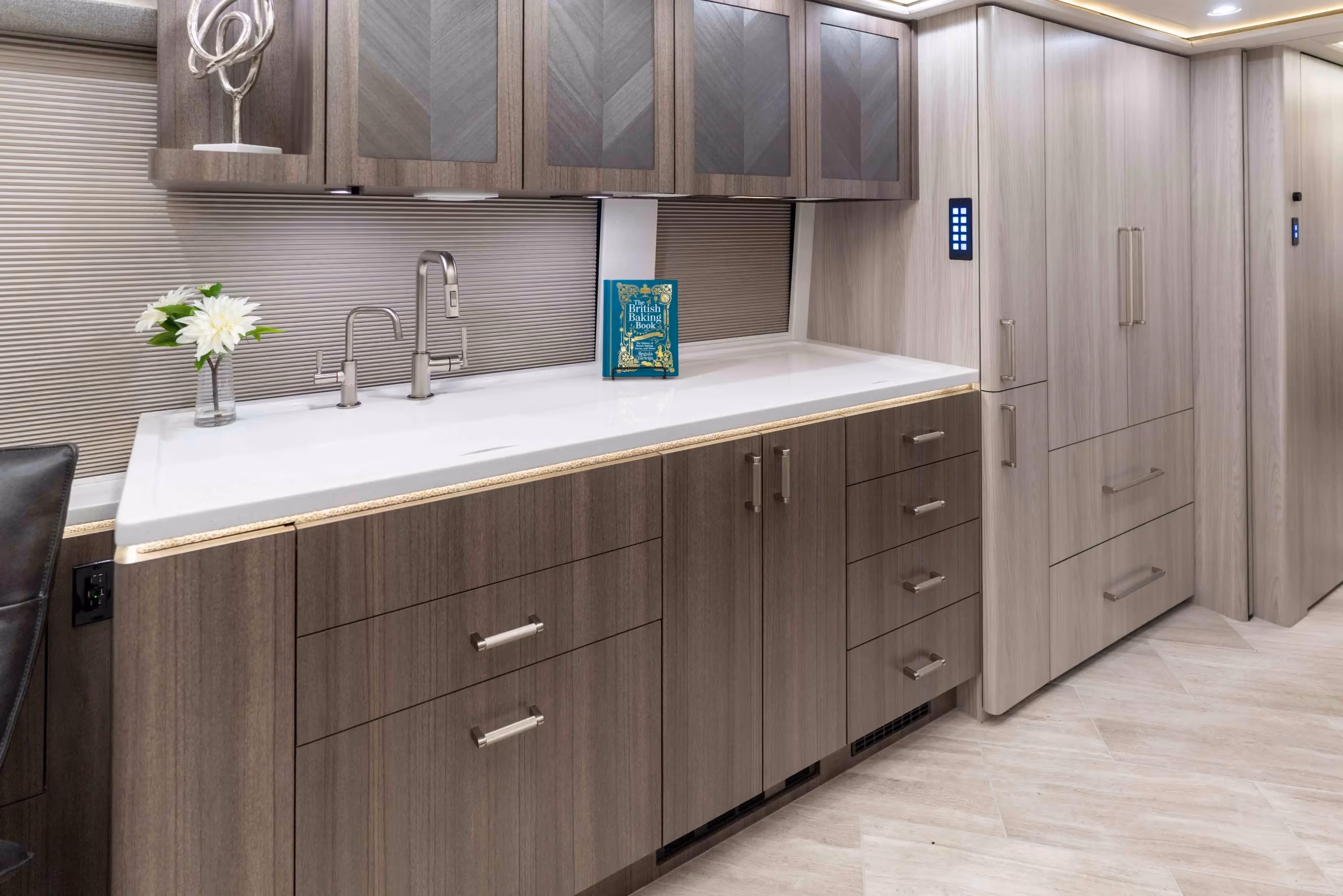Interior galley countertop and cabinetry in Marathon Coach 1352