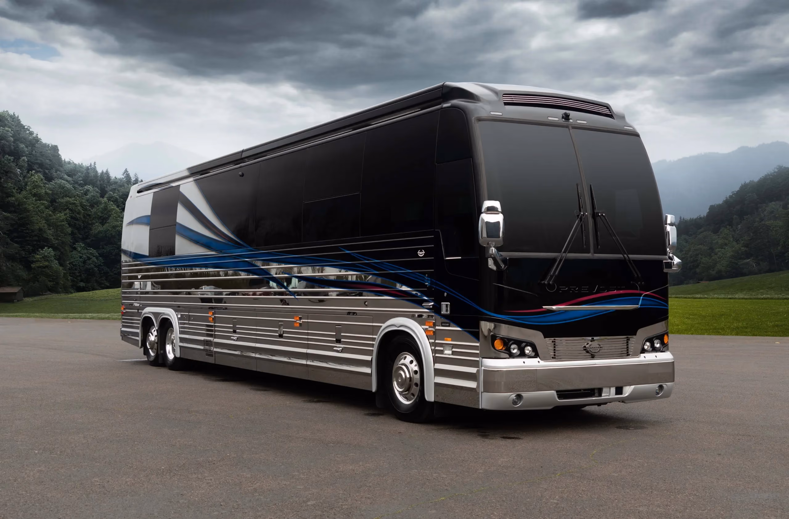 Exterior glamour shot of 2022 Marathon Coach 1353 on Prevost X3-45 chassis with classic exterior design
