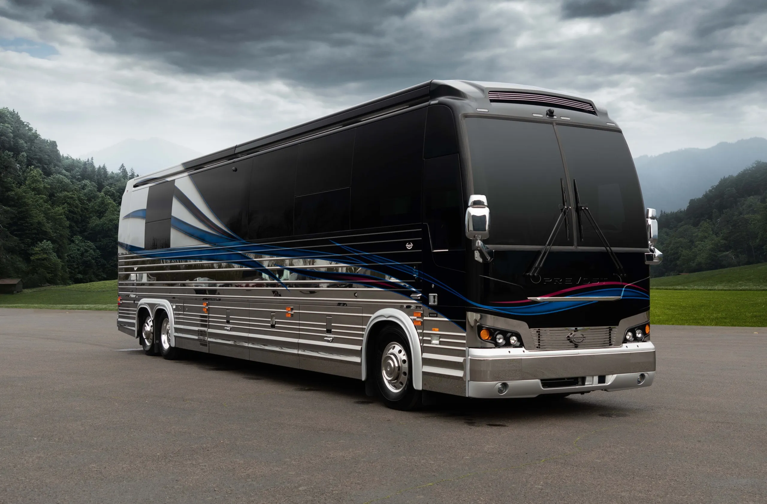 Exterior glamour shot of 2022 Marathon Coach 1353 on Prevost X3-45 chassis with classic exterior design