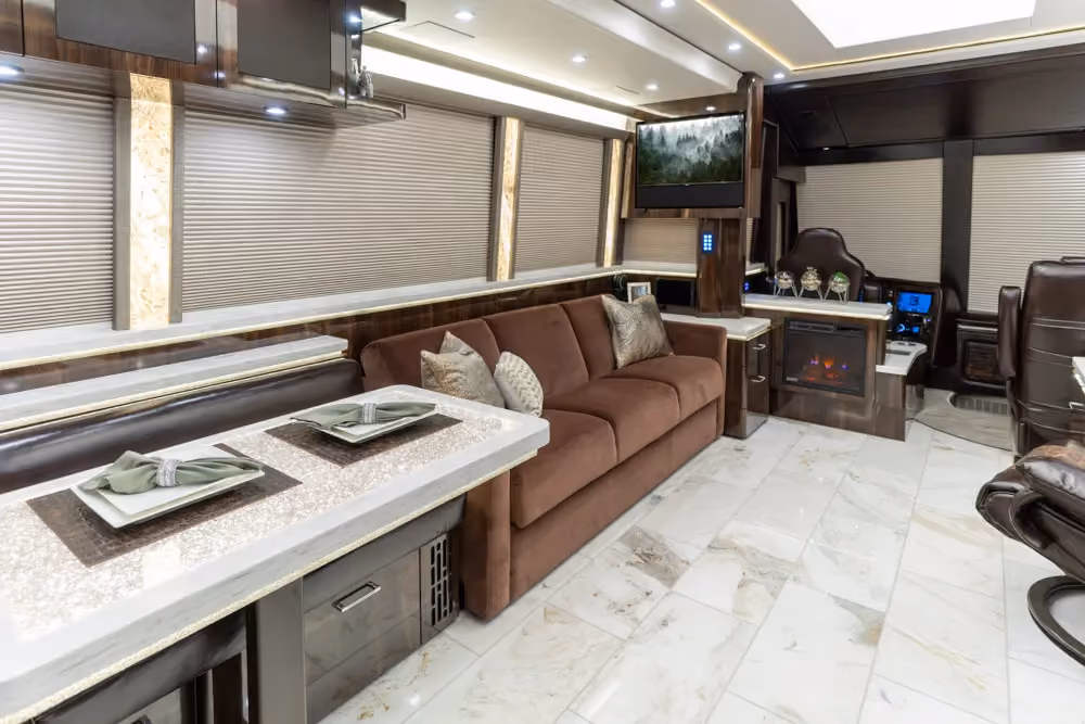 Exterior side view of 2022 Marathon Coach 1353 on Prevost X3-45 chassis