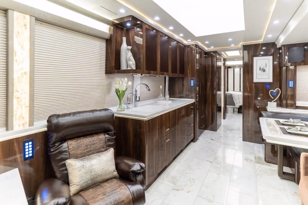 Interior living area of Marathon Coach 1353 with double-slide layout