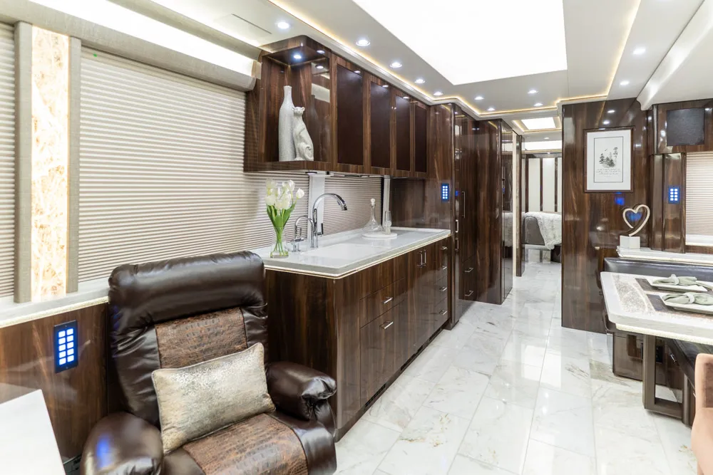 Interior living area of Marathon Coach 1353 with double-slide layout