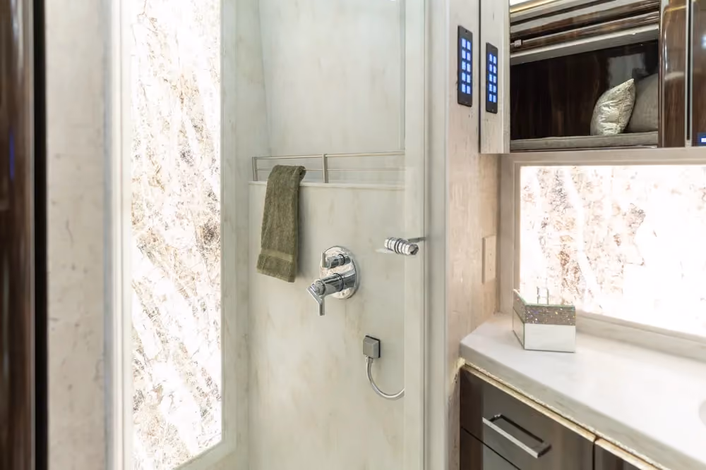 Interior bathroom vanity of Marathon Coach 1353