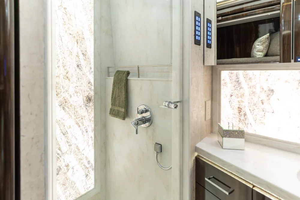 Interior bathroom vanity of Marathon Coach 1353