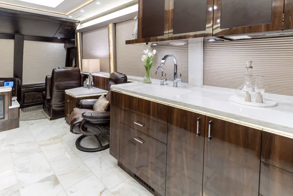 Exterior front view of Marathon Coach 1353 with Girard automatic awning
