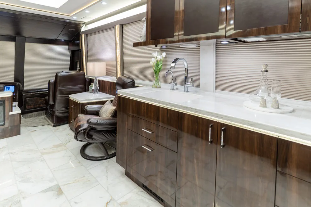 Exterior front view of Marathon Coach 1353 with Girard automatic awning