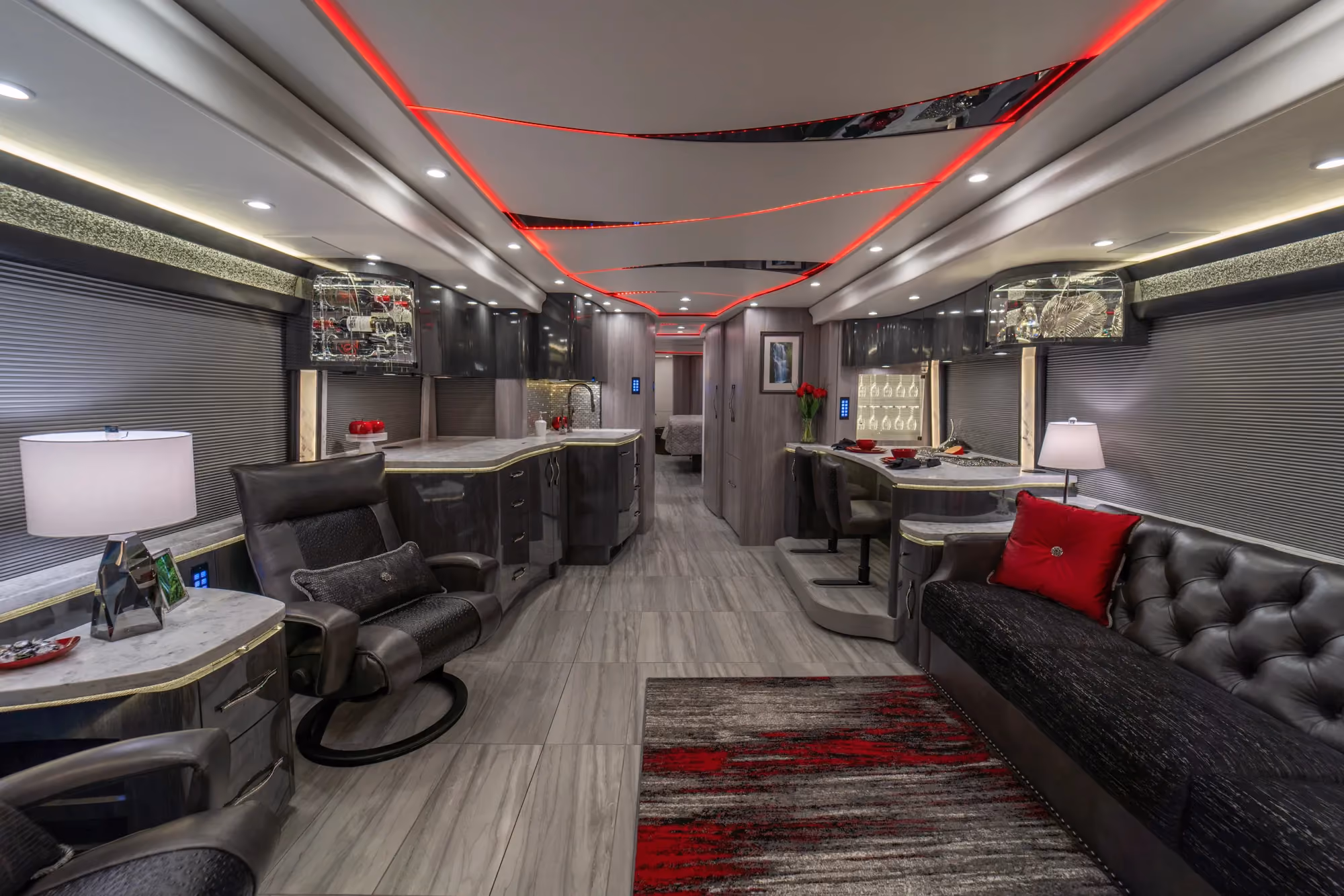 Interior salon of 2022 Marathon Coach 1354 with Crestron audio and video system