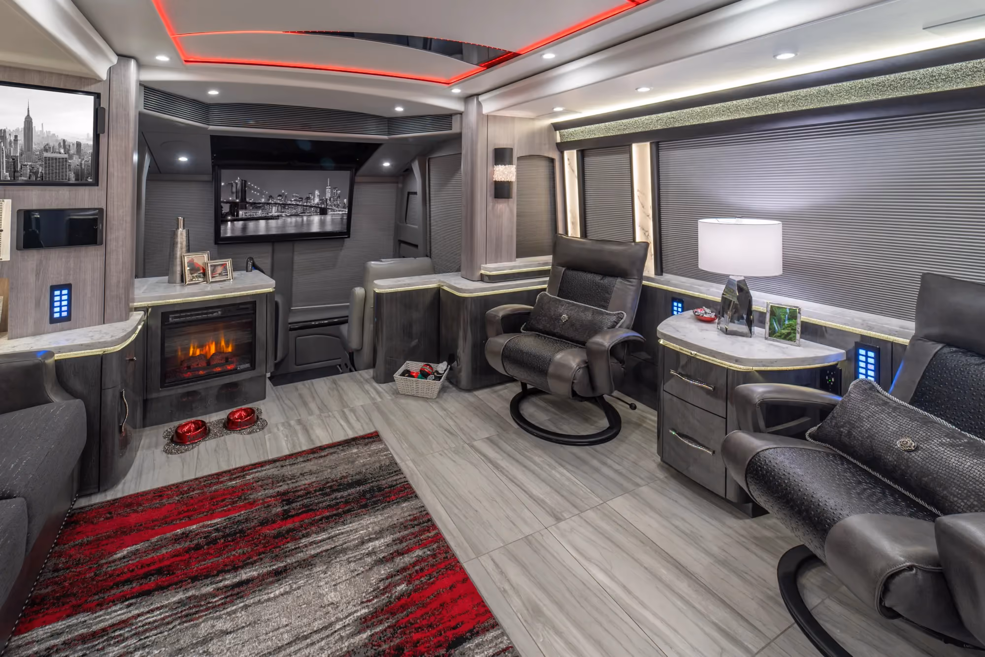 Exterior three-quarter view of Marathon Coach 1354 with red and white accents on black exterior