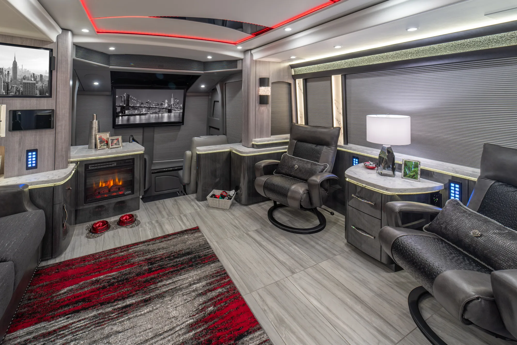 Exterior three-quarter view of Marathon Coach 1354 with red and white accents on black exterior