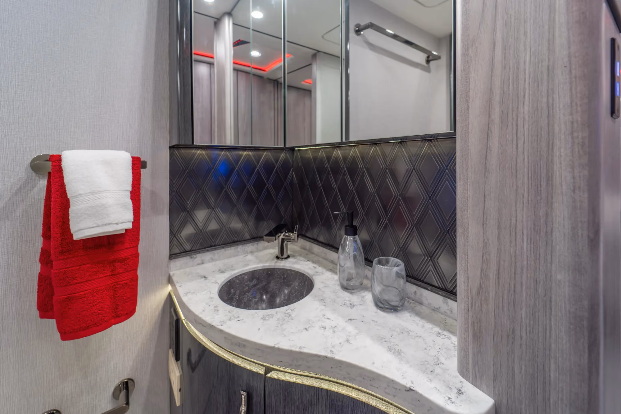 Interior bathroom area of Marathon Coach 1354