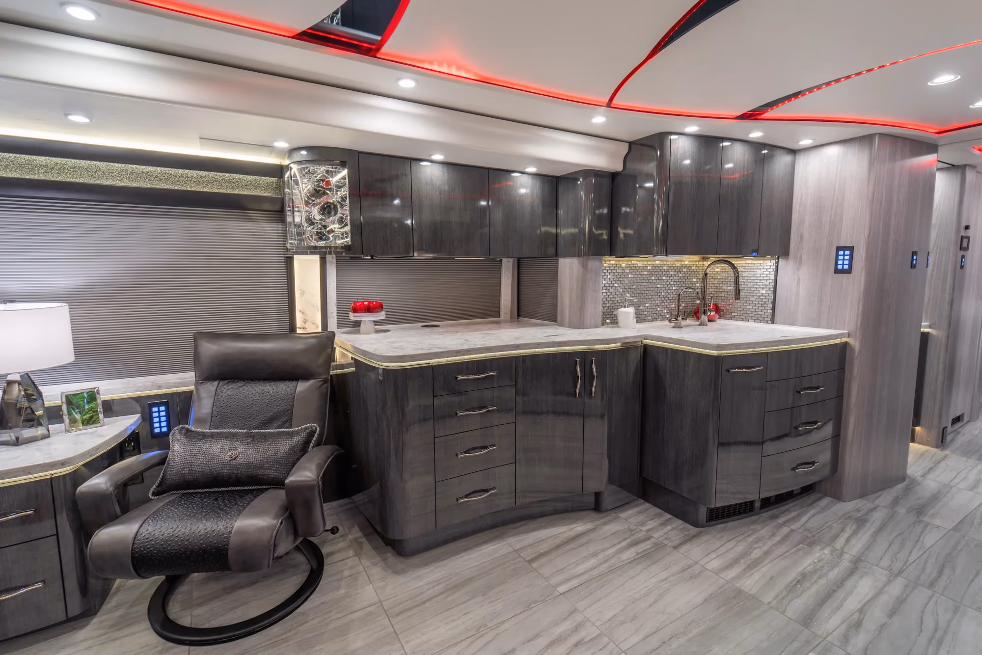 Interior galley countertop and cabinetry in Marathon Coach 1354