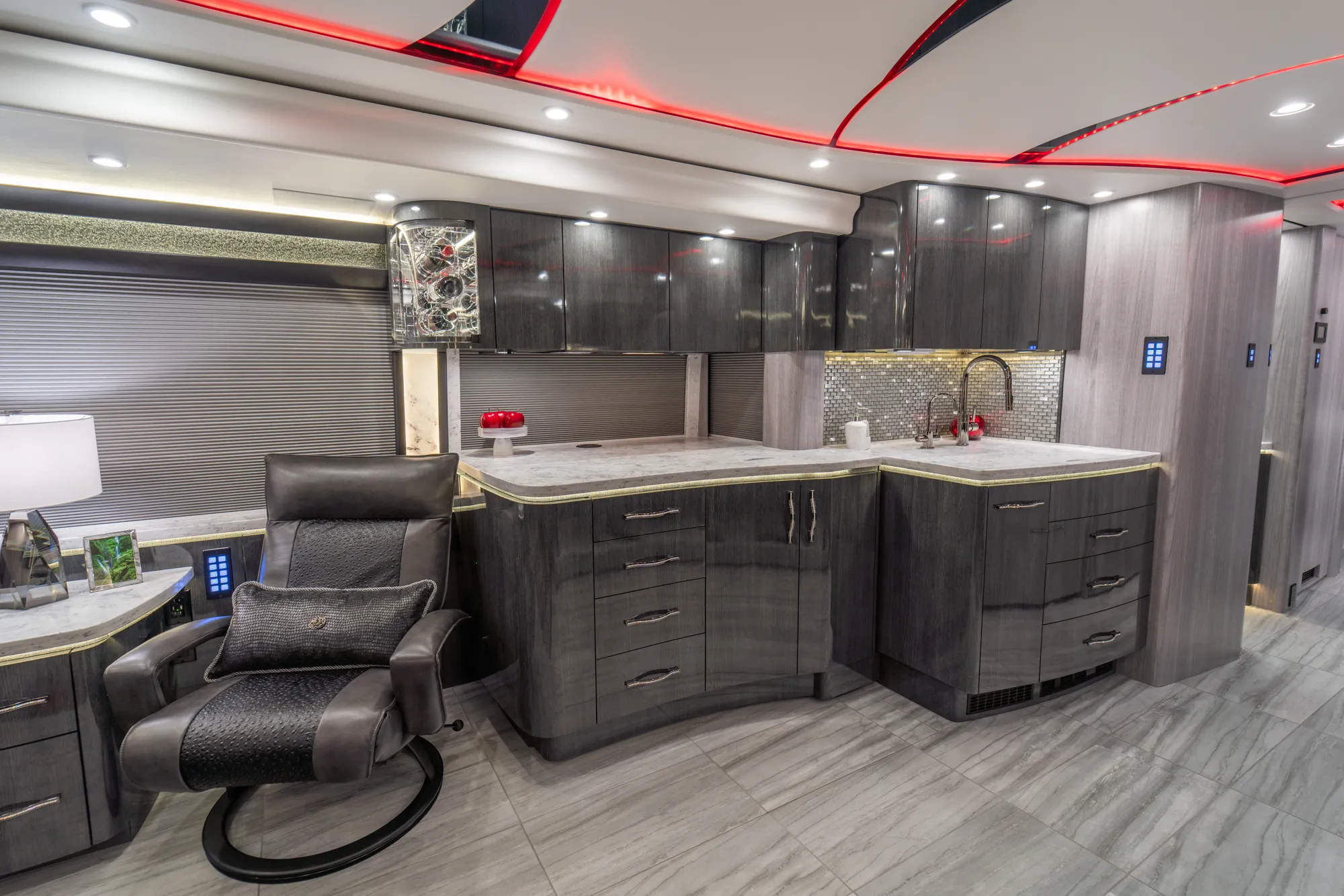 Interior galley countertop and cabinetry in Marathon Coach 1354