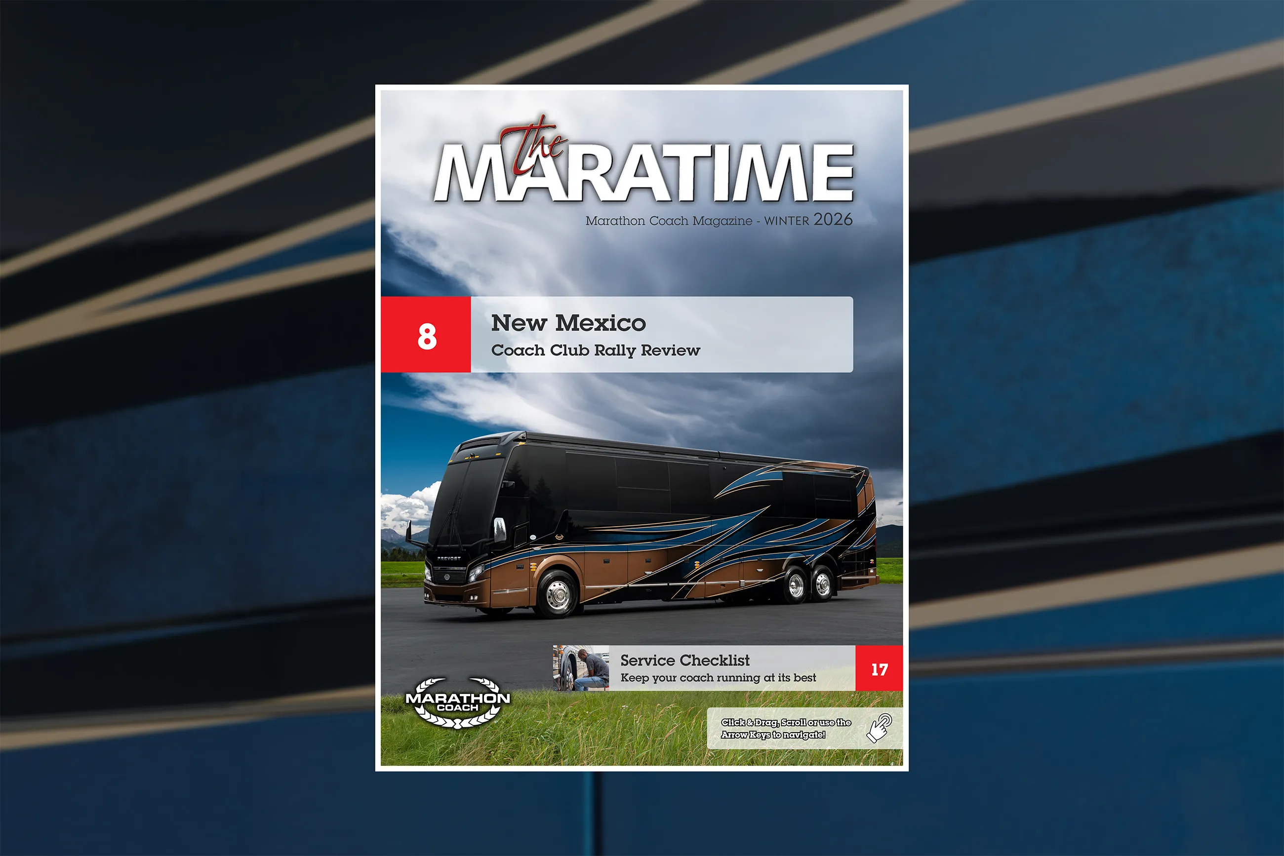 The cover of the 2026 Winter edition of The Maratime, the Marathon Coach magazine. The cover image is placed on a blurred background of a featured coach