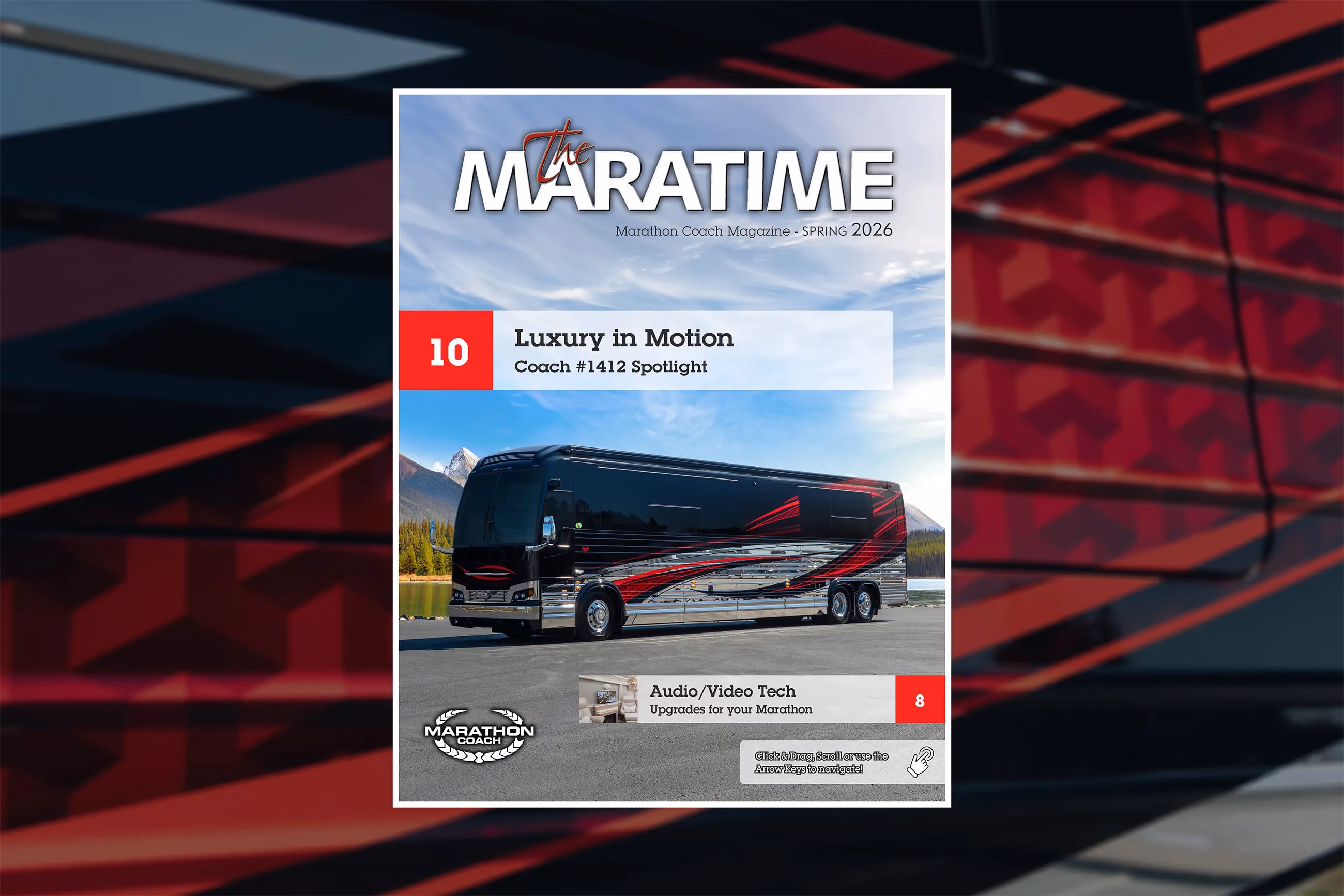 The blog thumbnail features a 2026 Marathon Coach, which is the featured coach of this issue. The articles in the issue cover AV Upgrades, a coach spotlight with lots of details about the coach, and upcoming events.