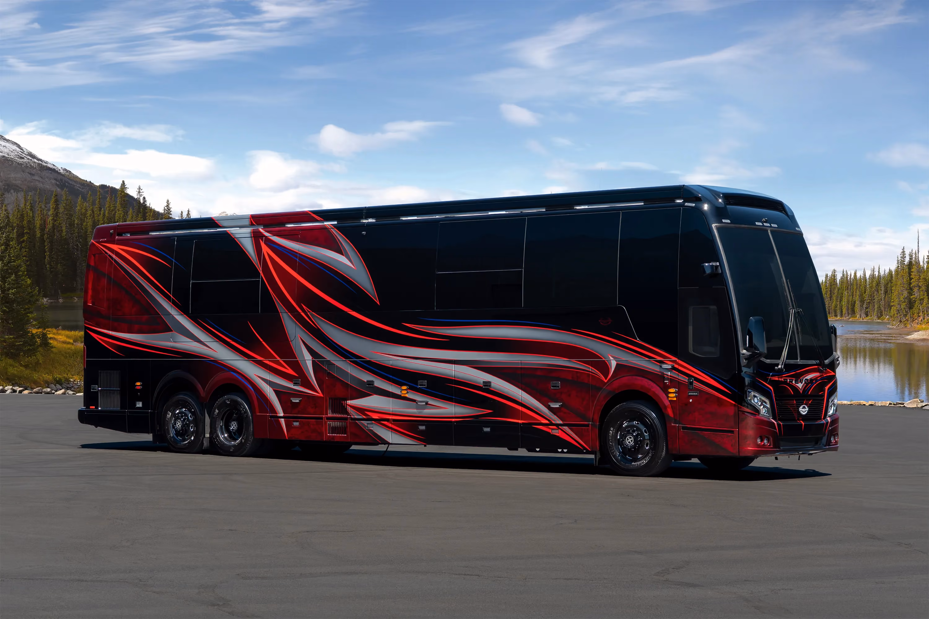 Exterior of luxury Marathon Coach #1428 built on a Prevost chassis | Luxury Motorcoach for Sale
