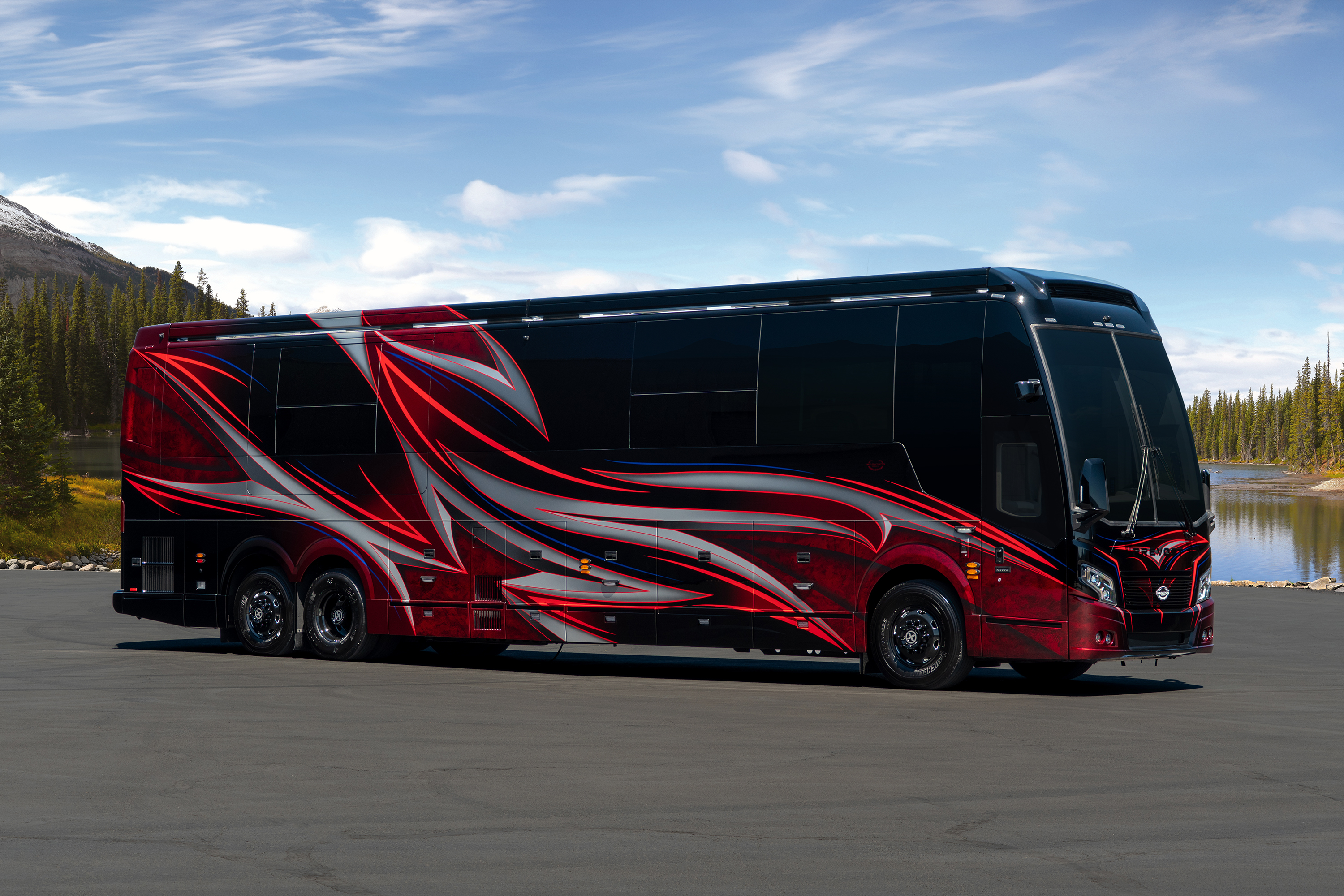 Exterior of luxury Marathon Coach #1428 built on a Prevost chassis | Luxury Motorcoach for Sale