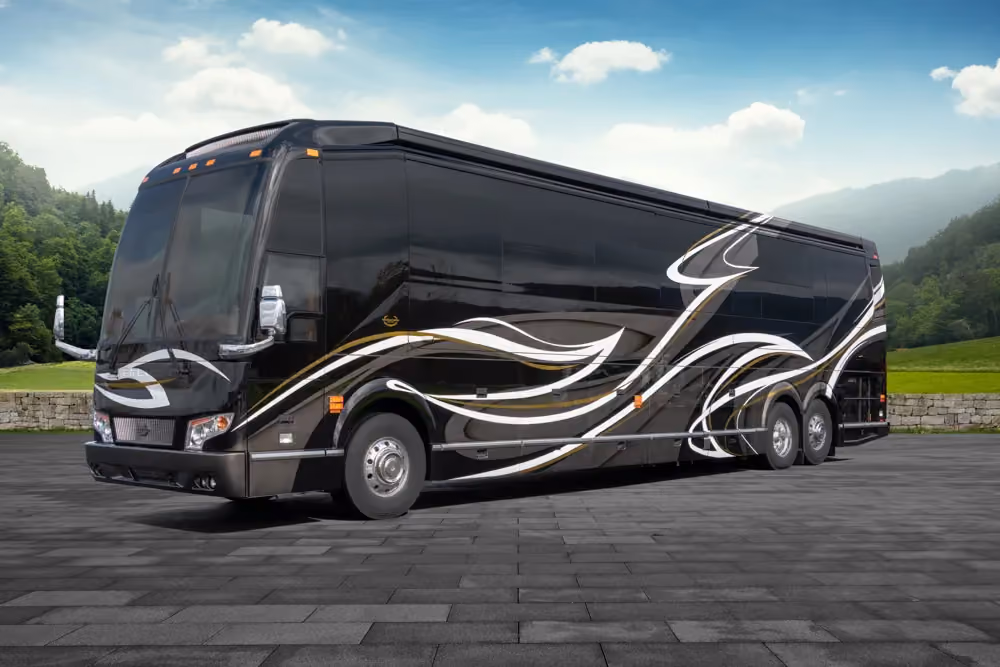 Exterior of luxury Marathon Coach #1300 built on a Prevost chassis | Luxury Motorcoach for Sale
