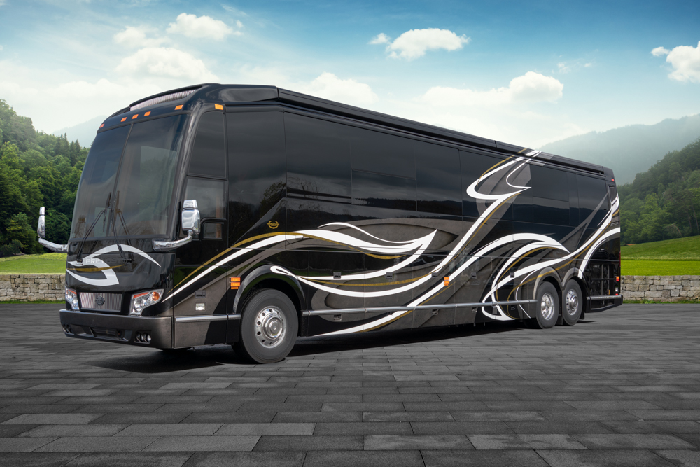 Exterior of luxury Marathon Coach #1300 built on a Prevost chassis | Luxury Motorcoach for Sale