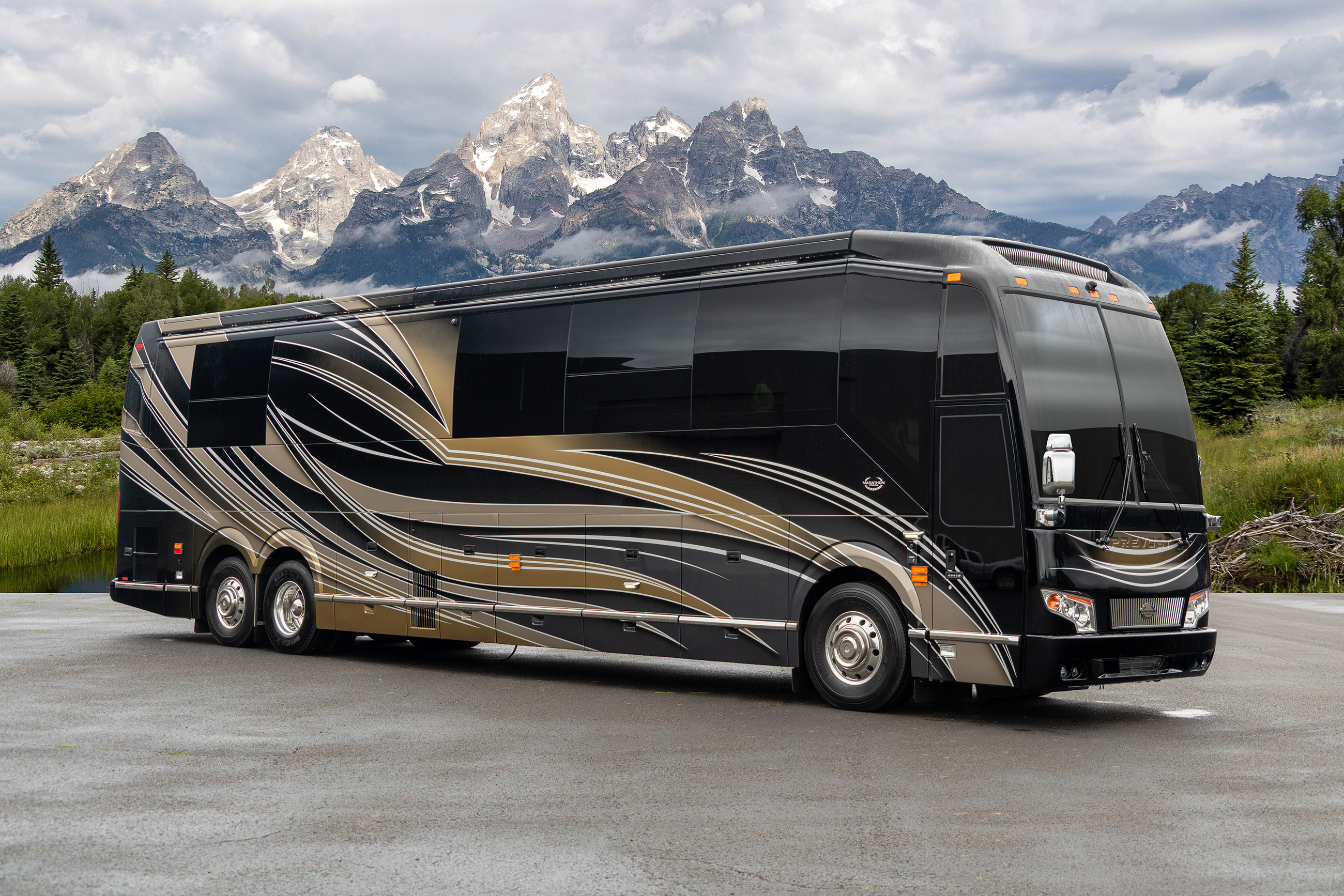 Exterior of luxury Marathon Coach #1347 built on a Prevost chassis | Luxury Motorcoach for Sale